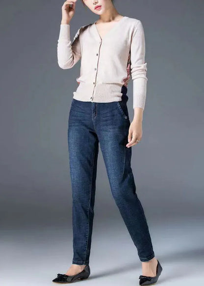 Fitted Navy High Waist Pockets Color Cotton Denim Pants Fall