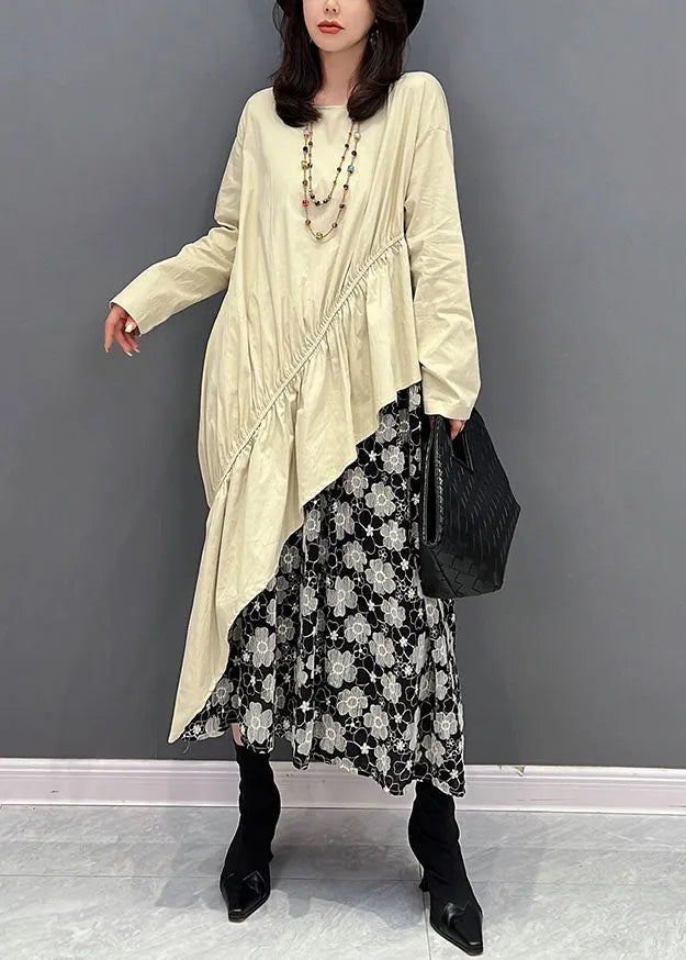 Beige O-neck Asymmetrical Patchwork Ruffles Dresses Fall