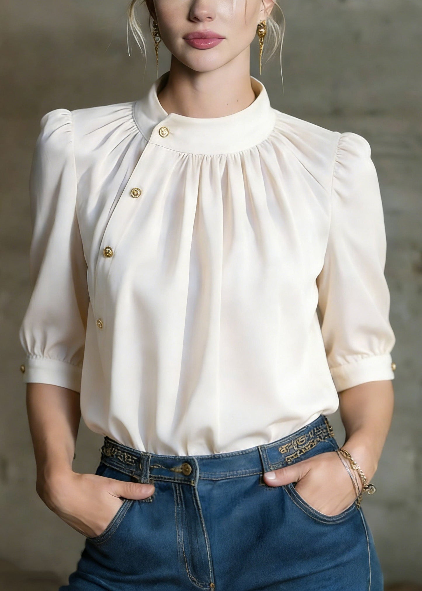 Stylish Apricot O-neck Button Silk Shirts Summer