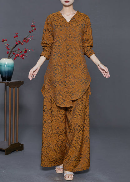 Yellow Oversized Print Silk Two Pieces Set Fall