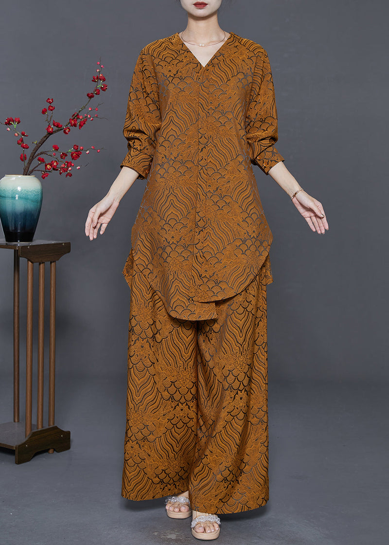Yellow Oversized Print Silk Two Pieces Set Fall