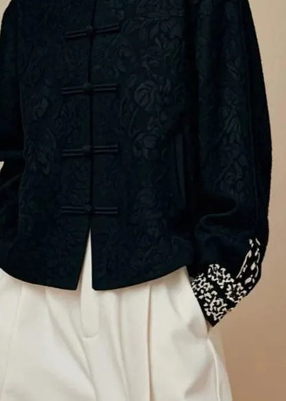 Jacquard Black Stand Collar Cotton Coats Fall