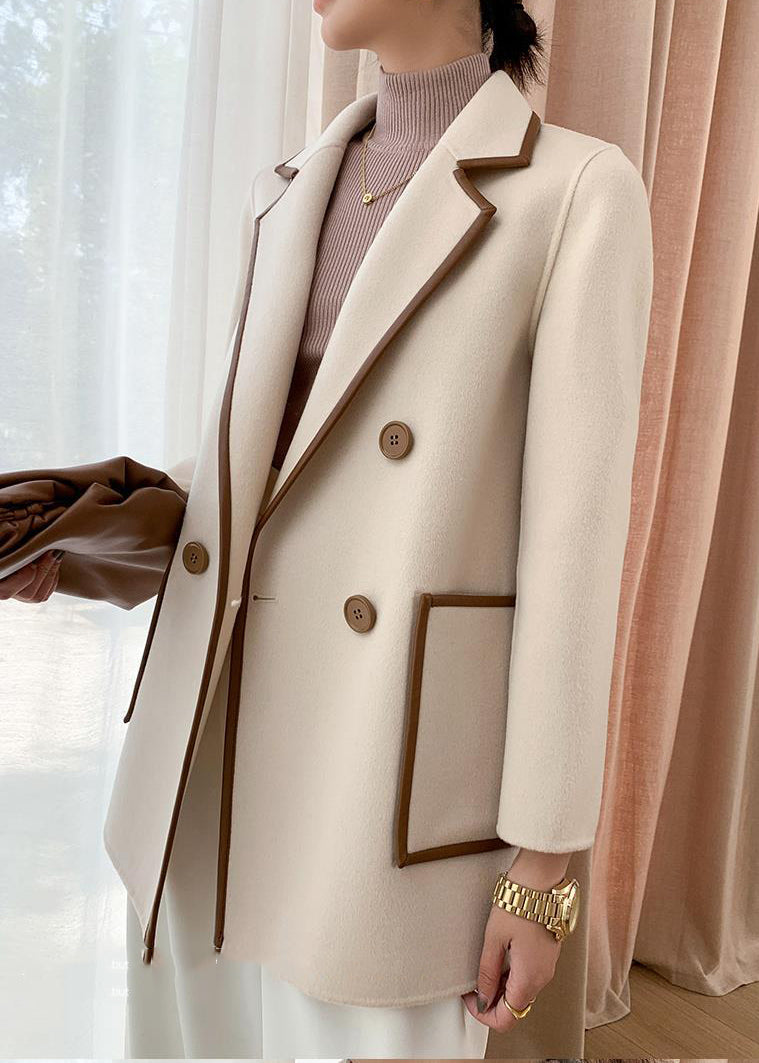 Beige Peter Pan Collar Double Breast Woolen Coat Fall
