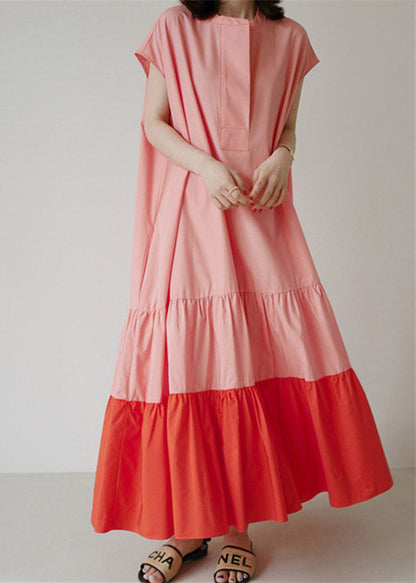Natural O-neck Patchwork Pockets Wrinkled Cotton Long Dresses Short Sleeve