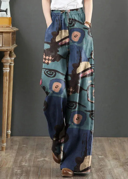 Blue Print Cotton Wide Leg Pants High Waist Pockets Summer