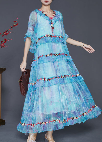Modern Blue Ruffled Chiffon Robe Dresses Spring