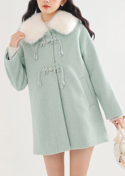 Lake Green Fur Collar Oversized Woolen Coat Winter