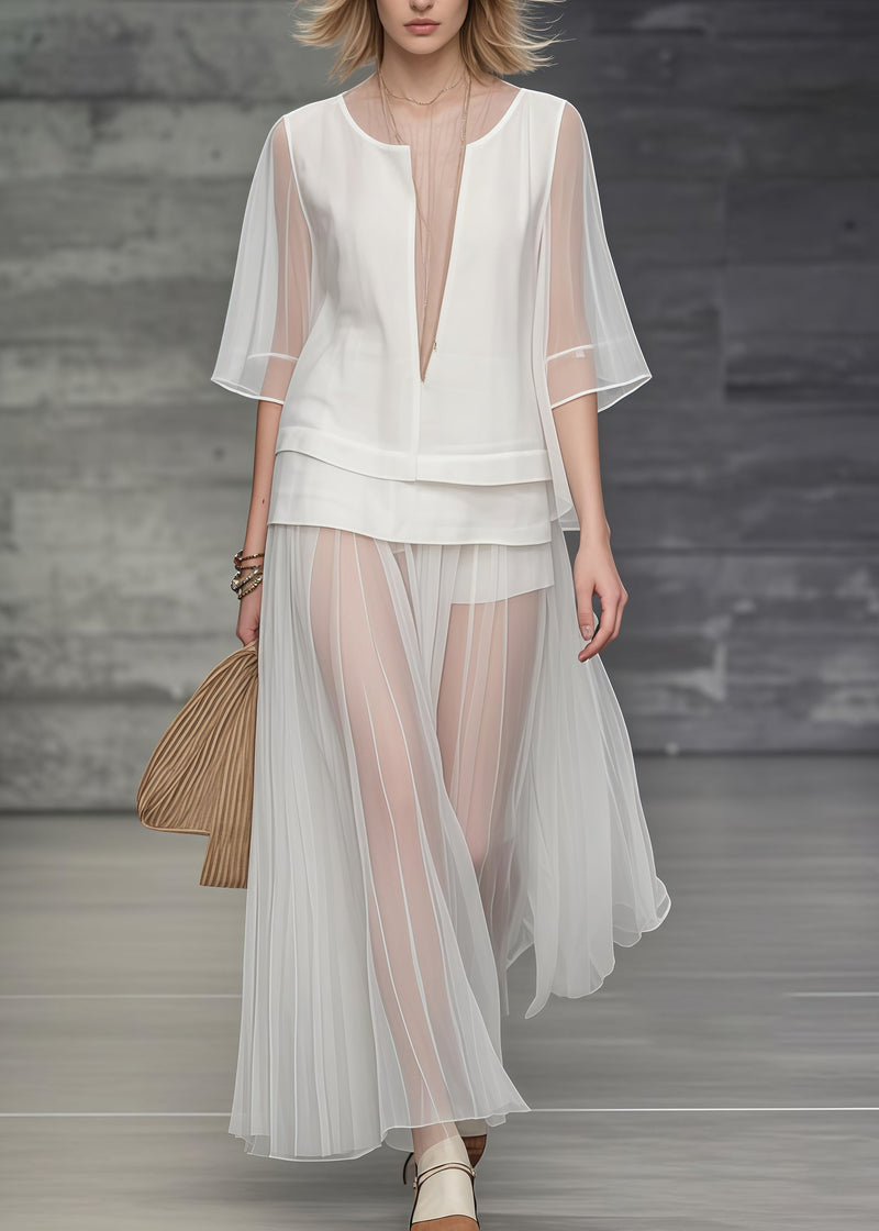 Unique White Deep-v Neck Patchwork Tulle Two Piece Set Clothing Summer