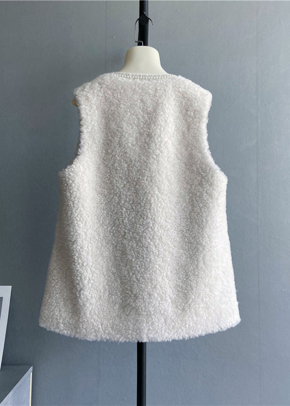 Beige V Neck Pockets Button Wool Vest Sleeveless