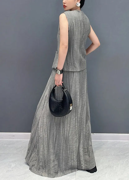 Grey Patchwork Button Top and Maxi Skirts Two Piece Set Summer