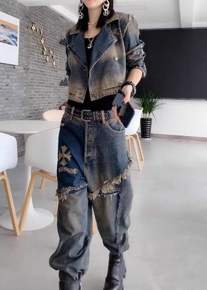 Handmade Grey Peter Pan Collar Patchwork Coats and Jeans Two Pieces Set Fall