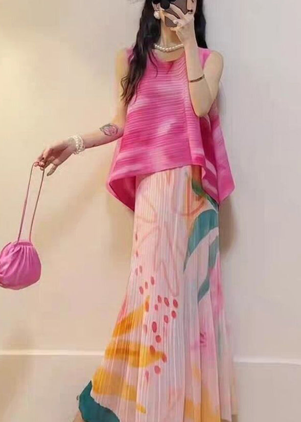 Stylish Pink Gradient Print Tops and Skirts 2 Piece Outfit Summer