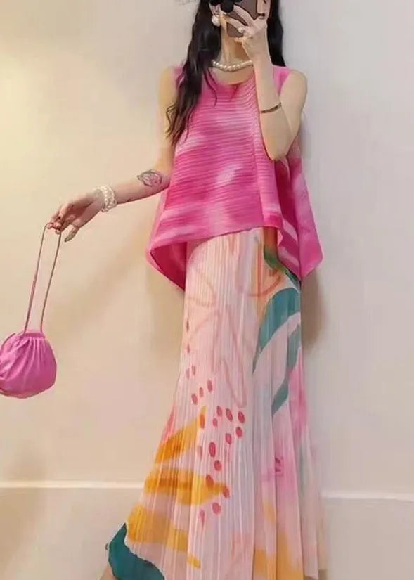 Stylish Pink Gradient Print Tops and Skirts 2 Piece Outfit Summer