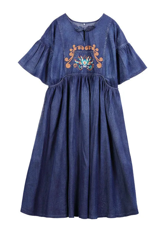 Stylish Blue O-neck Cinched Embroideried Cotton Denim Dresses Butterfly Sleeve