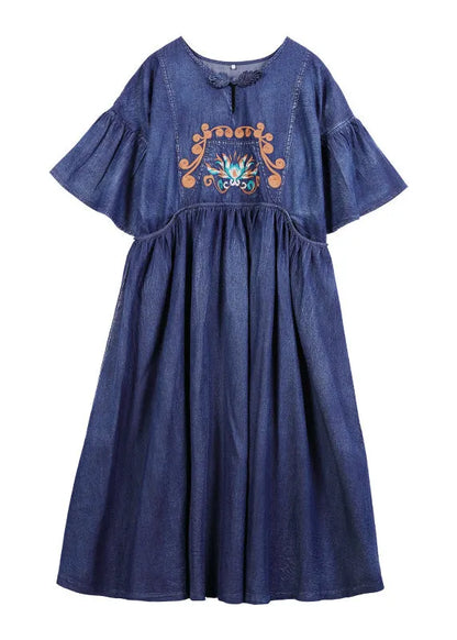 Stylish Blue O-neck Cinched Embroideried Cotton Denim Dresses Butterfly Sleeve