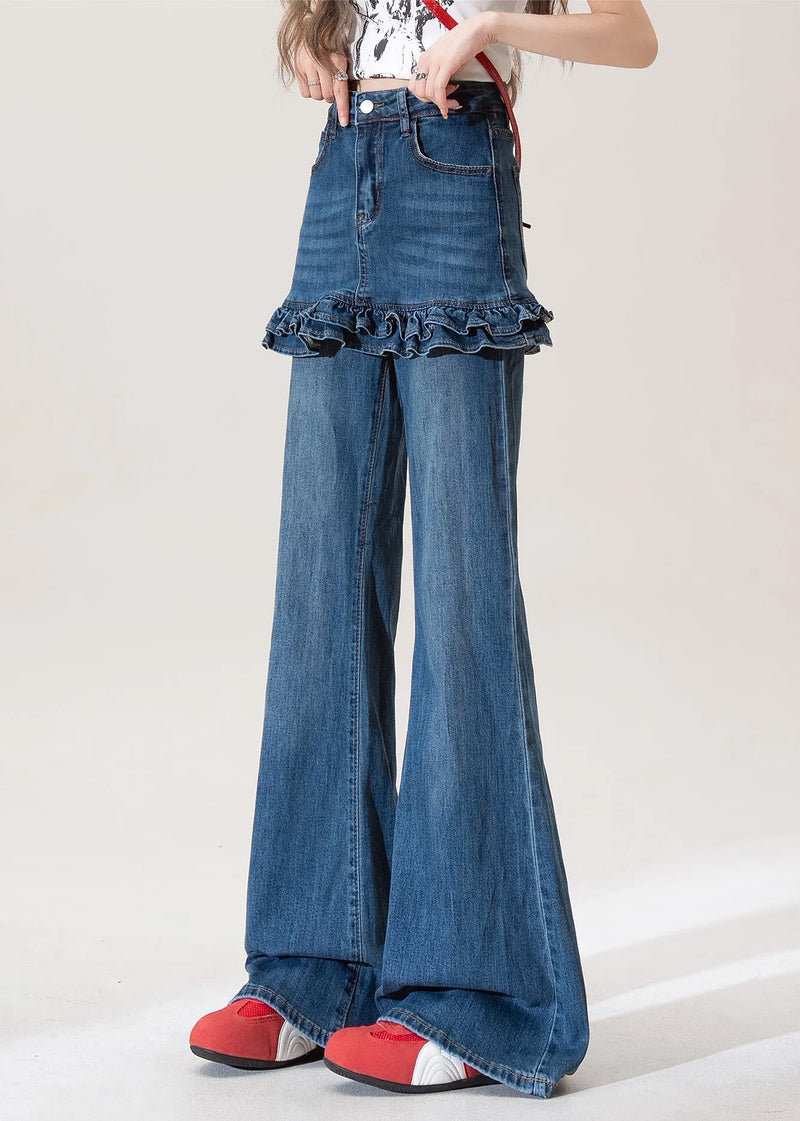 Blue Ruffled Pockets Patchwork Denim Flared Trousers Spring