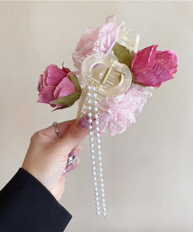 Boutique Fabric Tulle Pearl Tassel Hairpin