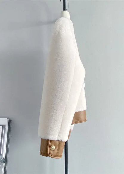 French White V Neck Patchwork Leather and Fur Jackets Winter