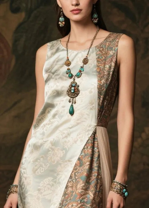 Fine Lake Green Asymmetrical Patchwork Silk Dinner Dresses Summer