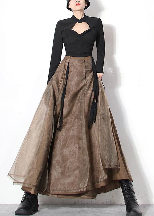 Brown Tulle High Waist Zippered Skirt