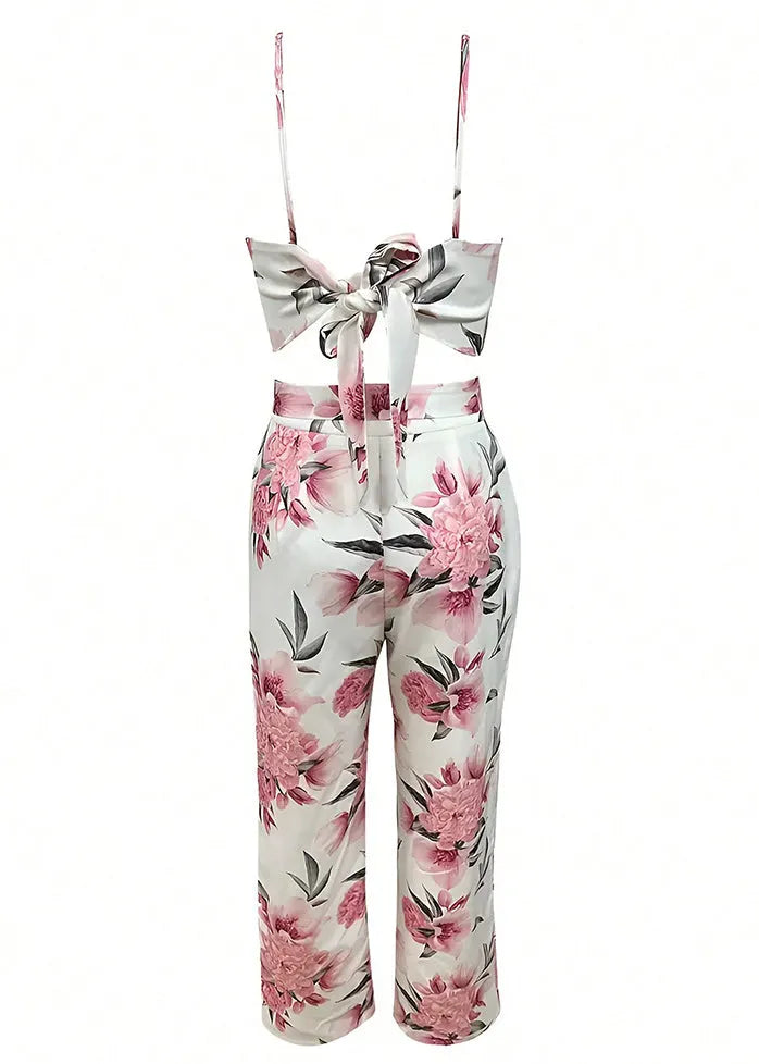 Slim Fit Pink Print Lace Up Tank and Pants Cotton Two Pieces Set Sleeveless