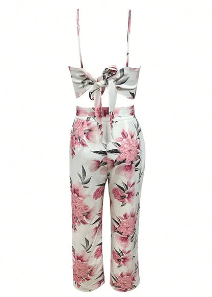 Slim Fit Pink Print Lace Up Tank and Pants Cotton Two Pieces Set Sleeveless