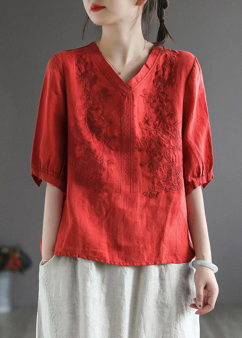 Red V Neck Embroideried Top Half Sleeve