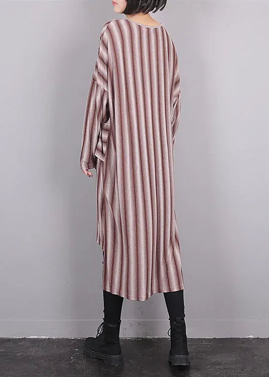 Red O-neck Asymmetrical Striped Low High Design Maxi Dress Fall