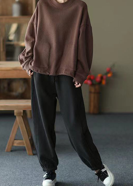Black Pockets Elastic Waist Warm Fleece Pants Spring