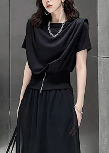 Black O-neck Zip Up Patchwork Cotton T Shirt Top Summer