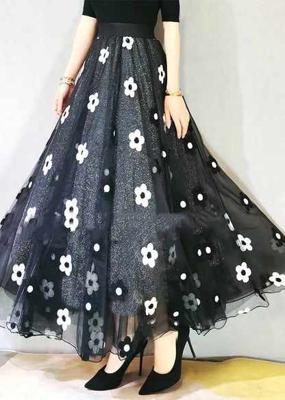 Black Embroidered Elastic Waist Tulle Skirt Spring