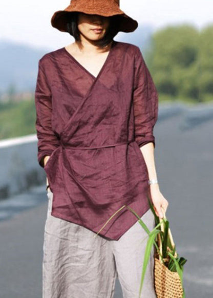 Red Tie Waist V Neck Asymmetrical Design Linen Top Three Quarter Sleeve