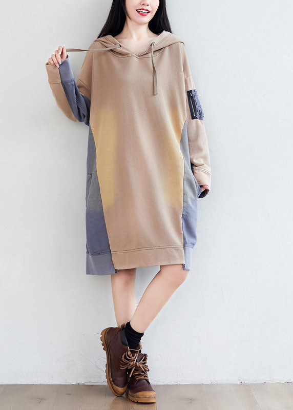 Loose Khaki Hooded Asymmetrical Pockets Patchwork Sweatshirts Dresses Spring