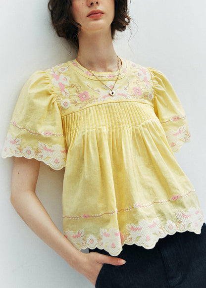Yellow Embroidered Puff Sleeve Cotton Shirt Summer