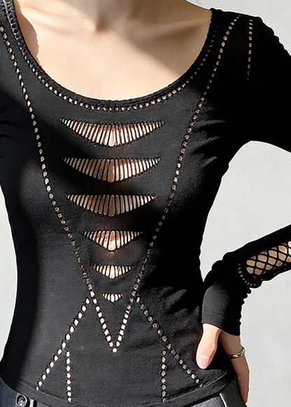 Modern Black O-neck Hollow Out Cotton Shirts Spring