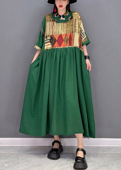 Green O-neck Wrinkled Patchwork Long Dress Half Sleeve