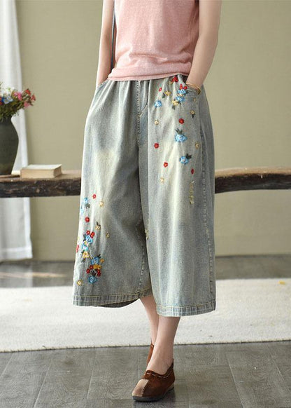 Comfy Grey Embroideried Wide Leg Denim Pants for