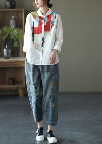 White Peter Pan Collar Print Linen Shirt Top Long Sleeve