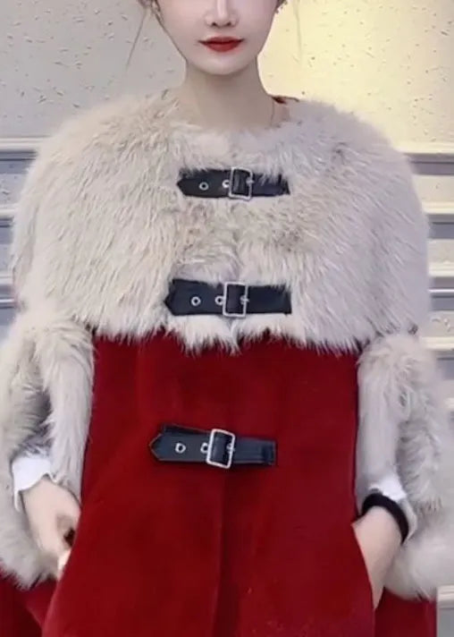 Red Fluffy Pockets Patchwork Cape Coats Spring