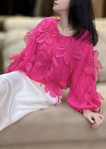 Rose O-neck Chiffon Shirt Bracelet Sleeve