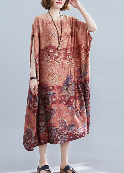 Red Print Draping Silk Loose Dresses O-neck Short Sleeve