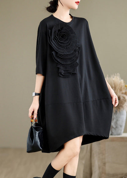 French Black O-neck Wrinkled Cotton Long Dresses Summer