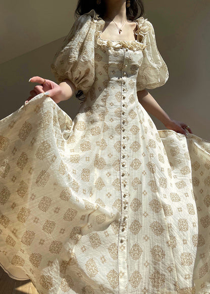 Italian Rainbow Ruffled Print Lace Up Silk Long Dress Puff Sleeve
