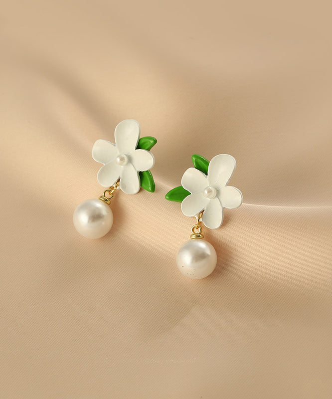 Diy Colorblock Alloy Pearl Gardenia Drop Earrings