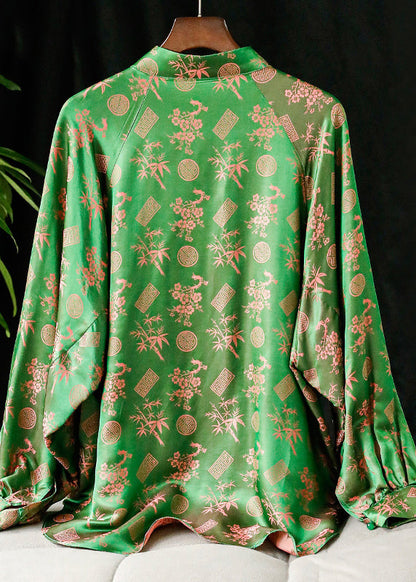 Green Stand Collar Button Print Silk Shirt Tops Long Sleeve