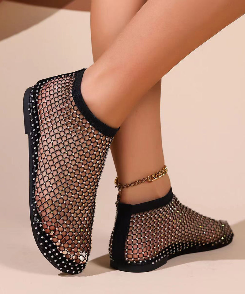 Black Hollow Out Zircon Flat Sandals Breathable Mesh