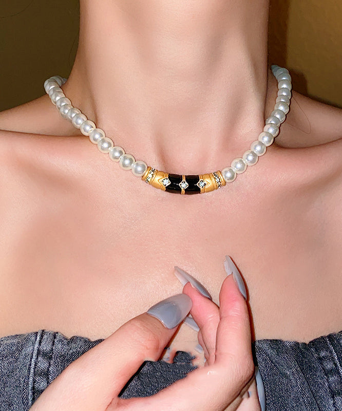 Brief White Alloy Pearl Zircon Drip Gratuated Bead Necklace