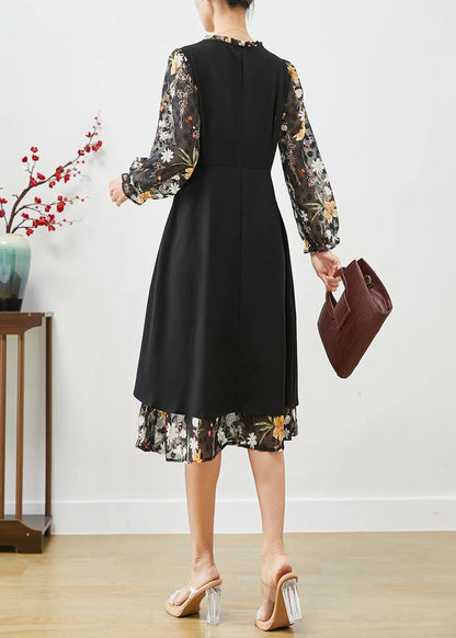 Classy Black Cinched Patchwork Silk Fake Two Piece Dress Spring