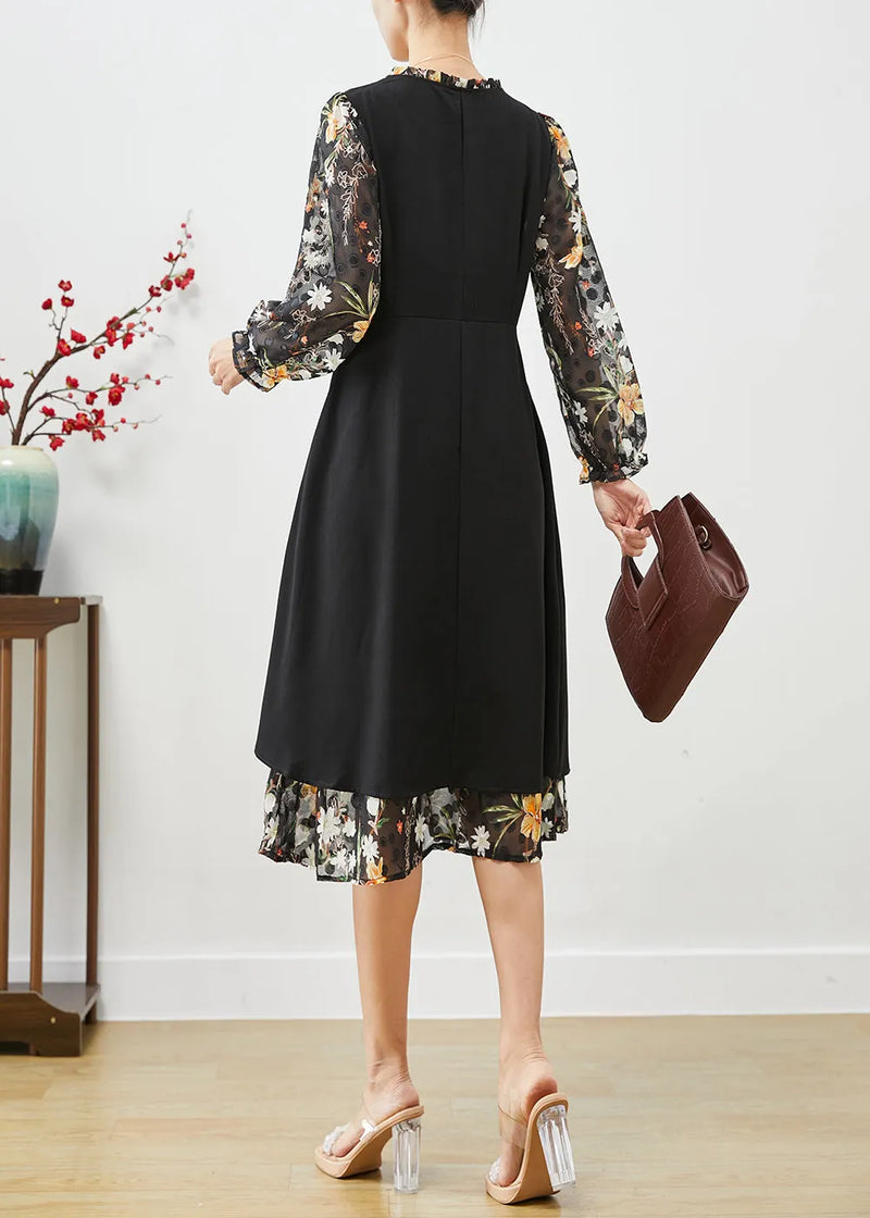 Classy Black Cinched Patchwork Silk Fake Two Piece Dress Spring