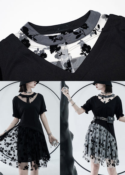 Black O-neck Asymmetrical Design Tulle Cotton Mid Dress Summer